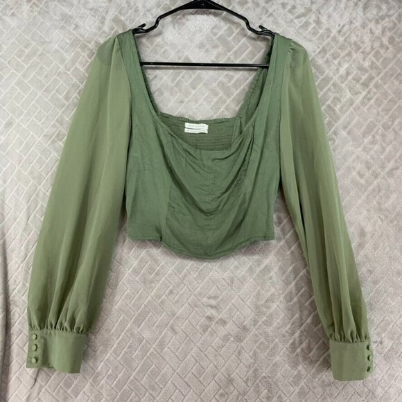 Urban Outfitters Tops - Urban Outfitters Womans Medium Crop Top Green Long Sheer Sleeve Smocked Back